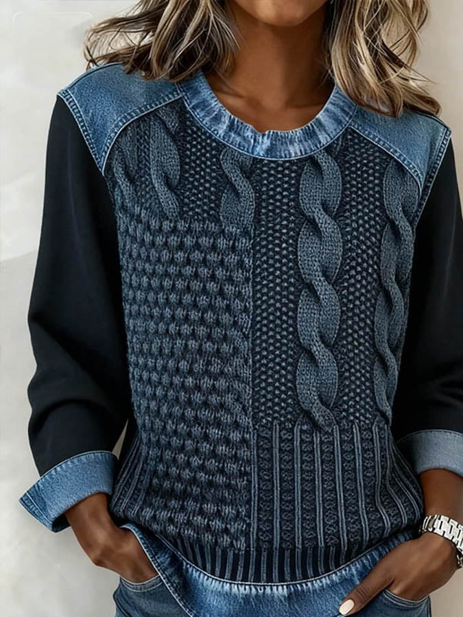 Casual damestrui met ronde hals en patchworkprint