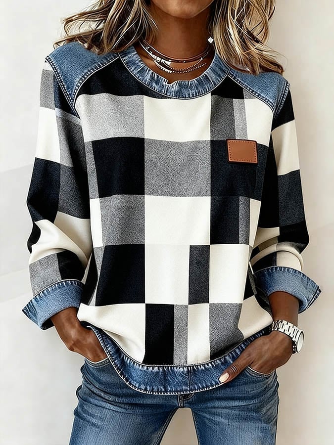 Dames Casual Ronde Hals Denim Patchwork Pullover Sweatshirt